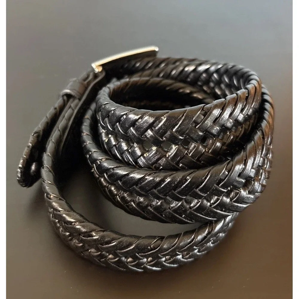 Dockers Mens Belt Size‎ 38/95 Black Leather Woven Design Silvertone Buckle